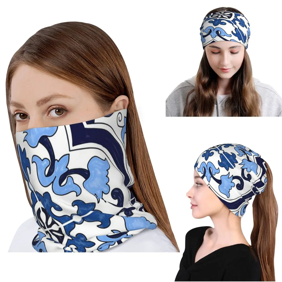 Knit Beanie Hat Warm - Blue Ornate Floral Mediterranean Sicilian Tile